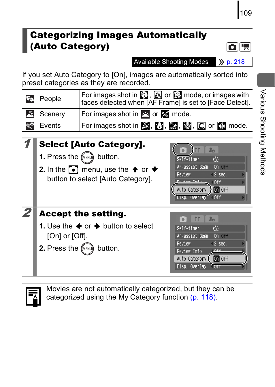 Categorizing images automatically (auto category), P. 109 | Canon IXUS 85 IS User Manual | Page 111 / 224
