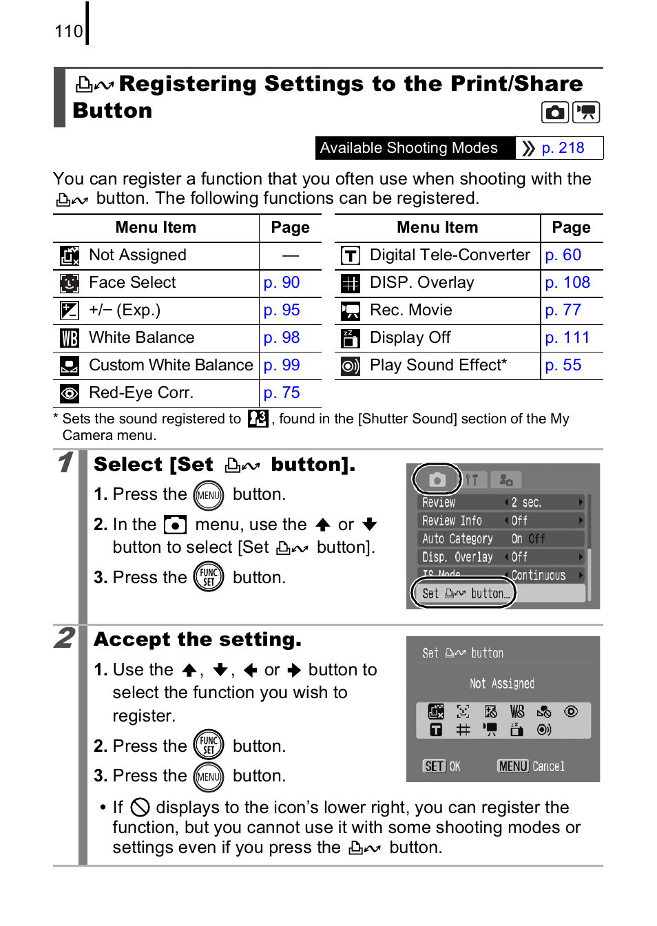 Registering settings to the print/share button, P. 110, P. 110) | Canon IXUS 85 IS User Manual | Page 112 / 224