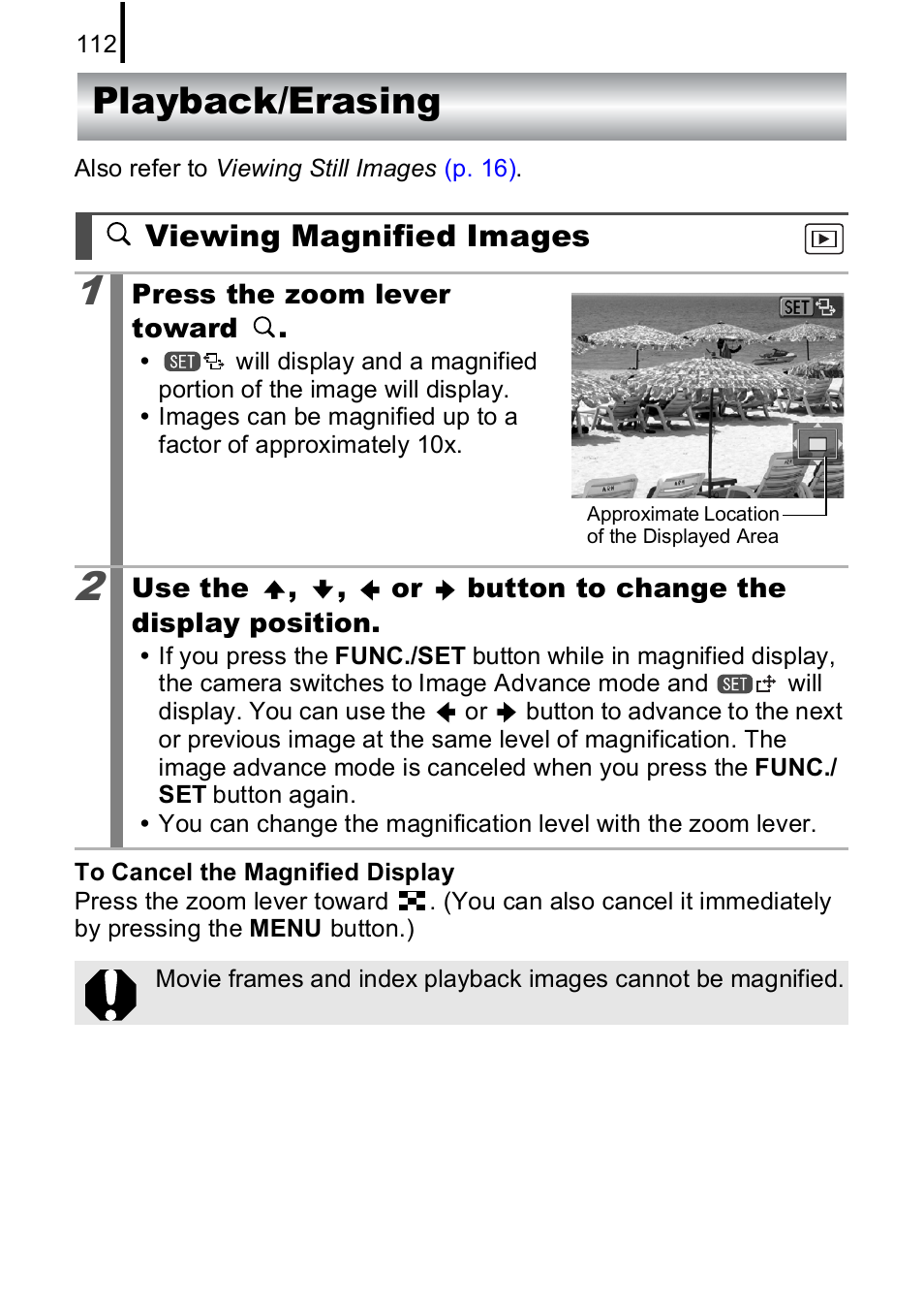 Playback/erasing, Viewing magnified images | Canon IXUS 85 IS User Manual | Page 114 / 224