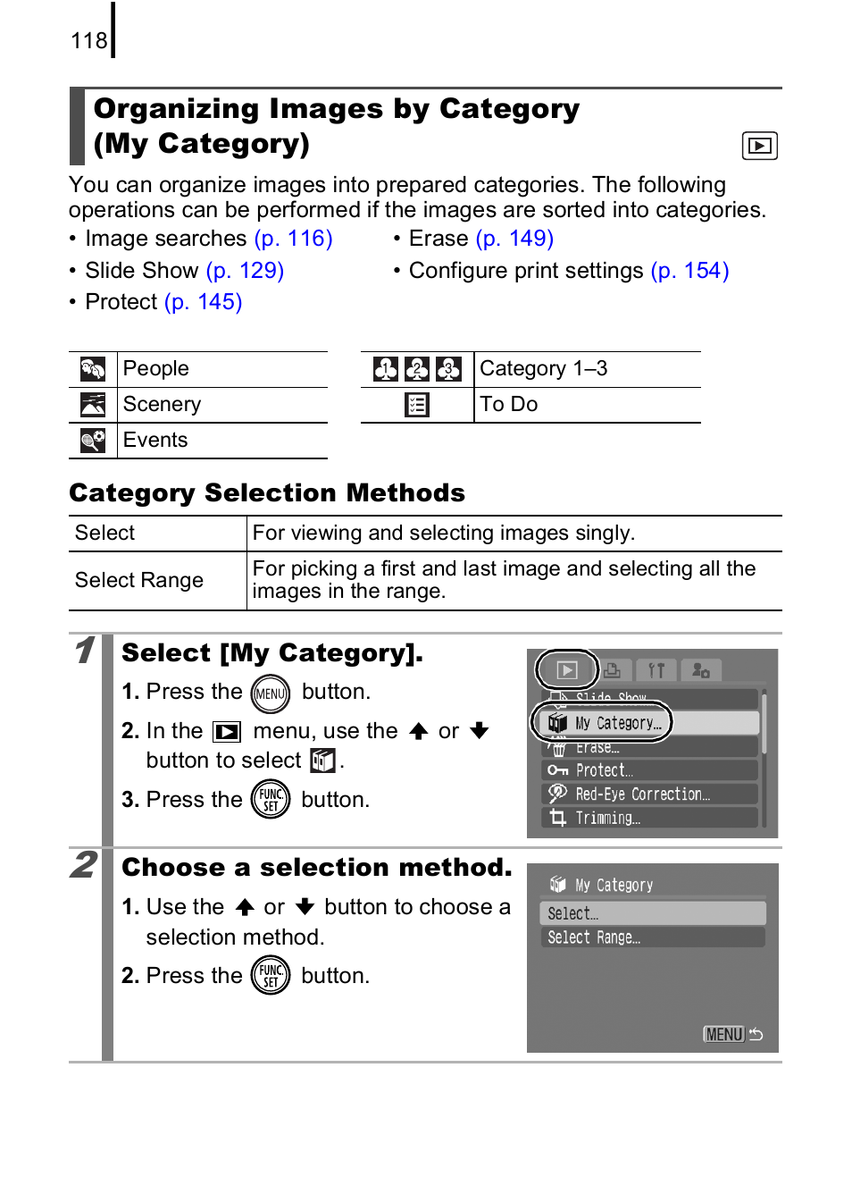 Organizing images by category (my category), P. 118 | Canon IXUS 85 IS User Manual | Page 120 / 224