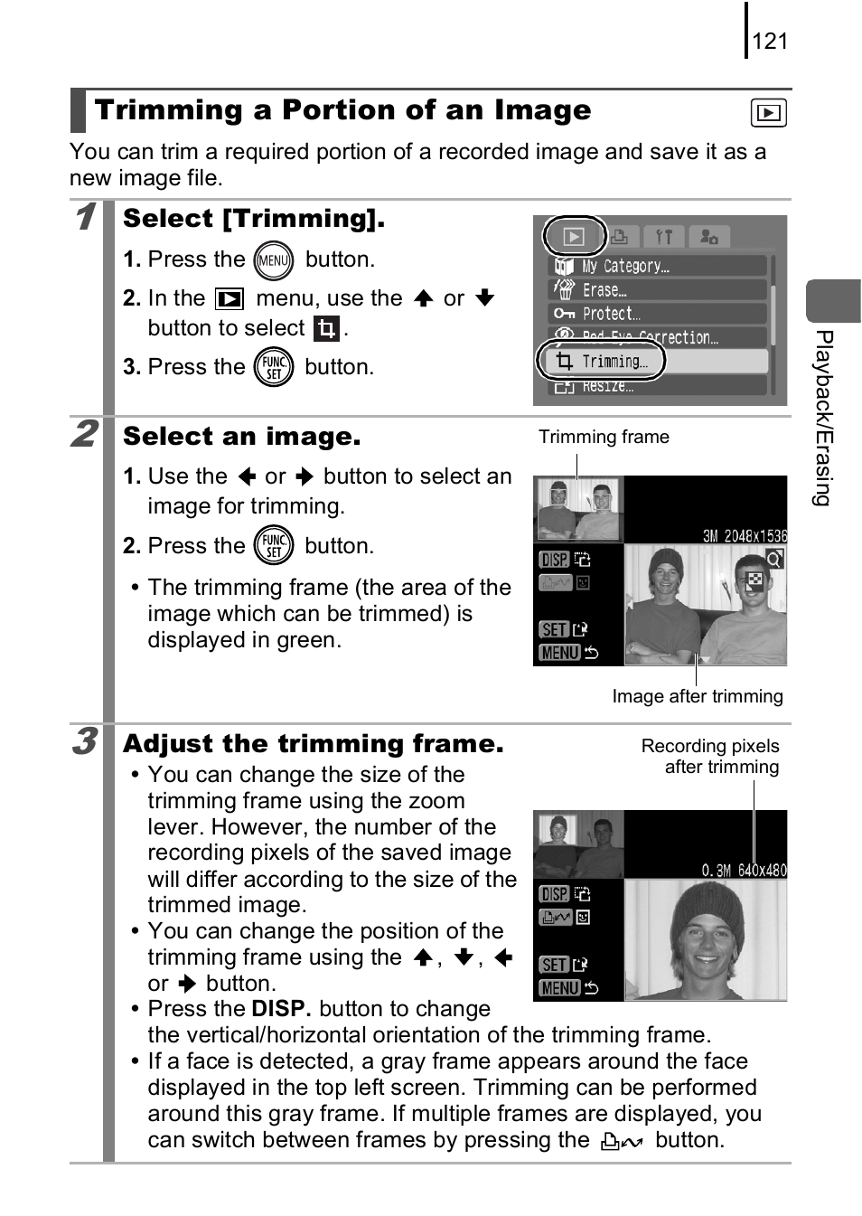 Trimming a portion of an image, P. 121 | Canon IXUS 85 IS User Manual | Page 123 / 224