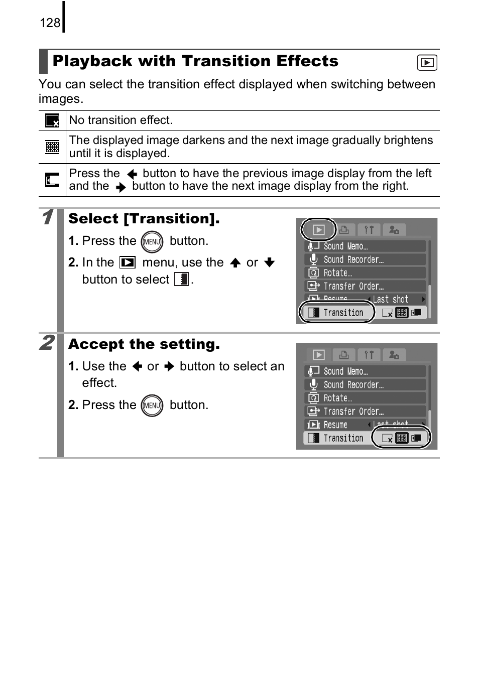 Playback with transition effects, P. 128 | Canon IXUS 85 IS User Manual | Page 130 / 224