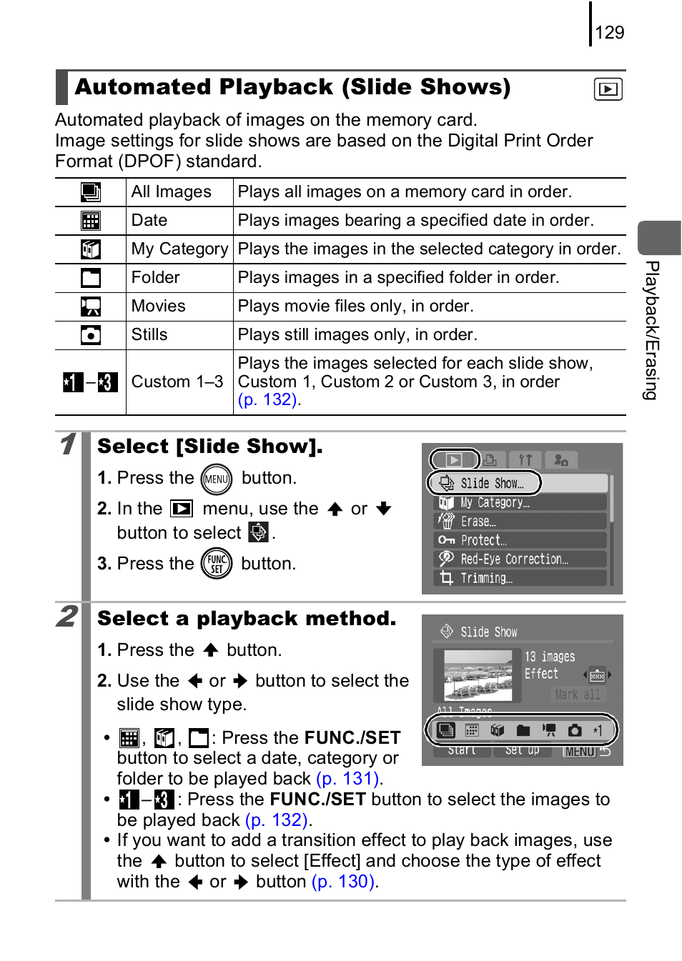 Automated playback (slide shows), P. 129, P. 129) | Canon IXUS 85 IS User Manual | Page 131 / 224