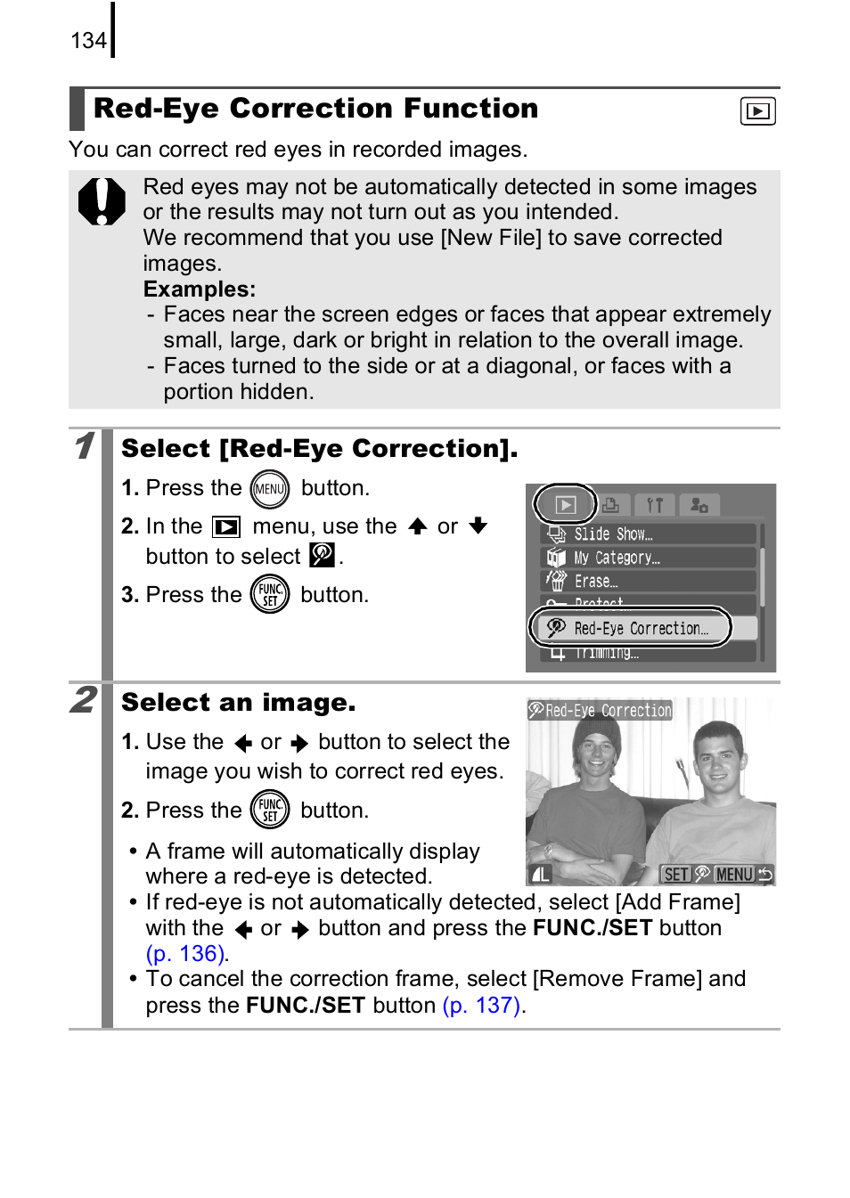 Red-eye correction function, P. 134 | Canon IXUS 85 IS User Manual | Page 136 / 224