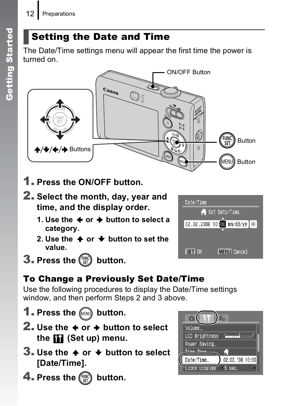 Setting the date and time | Canon IXUS 85 IS User Manual | Page 14 / 224