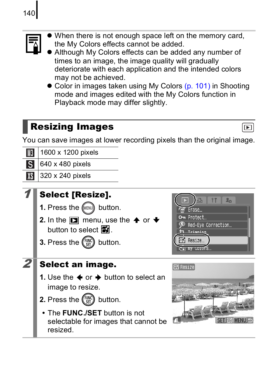 Resizing images, P. 140 | Canon IXUS 85 IS User Manual | Page 142 / 224