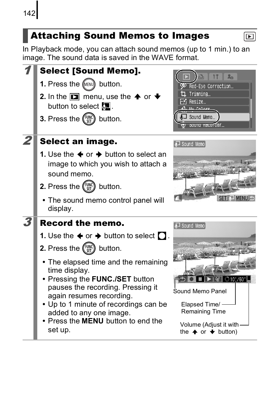 Attaching sound memos to images, P. 142 | Canon IXUS 85 IS User Manual | Page 144 / 224