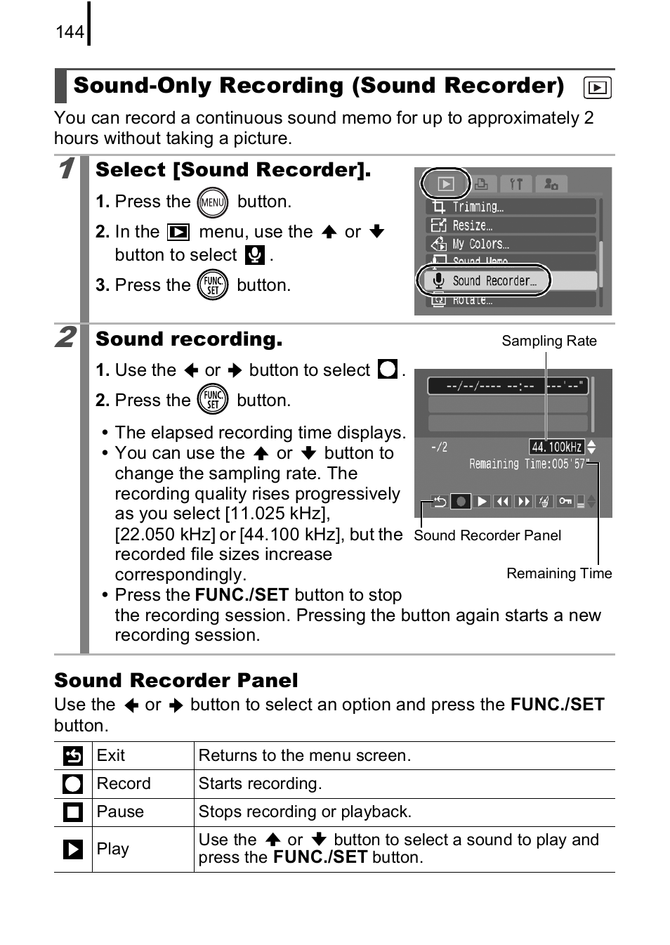 Sound-only recording (sound recorder), P. 144 | Canon IXUS 85 IS User Manual | Page 146 / 224