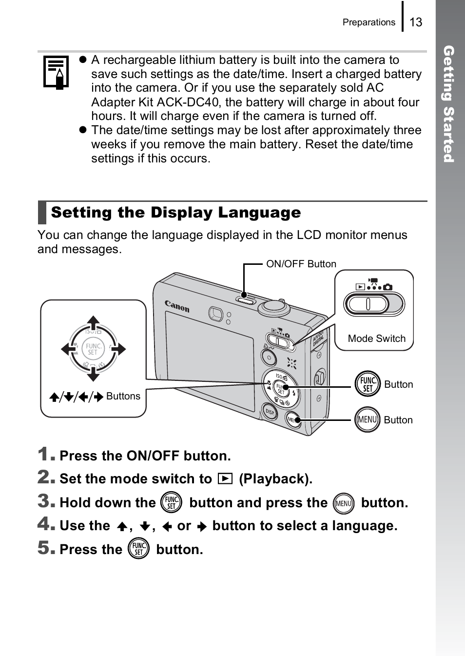 Setting the display language | Canon IXUS 85 IS User Manual | Page 15 / 224
