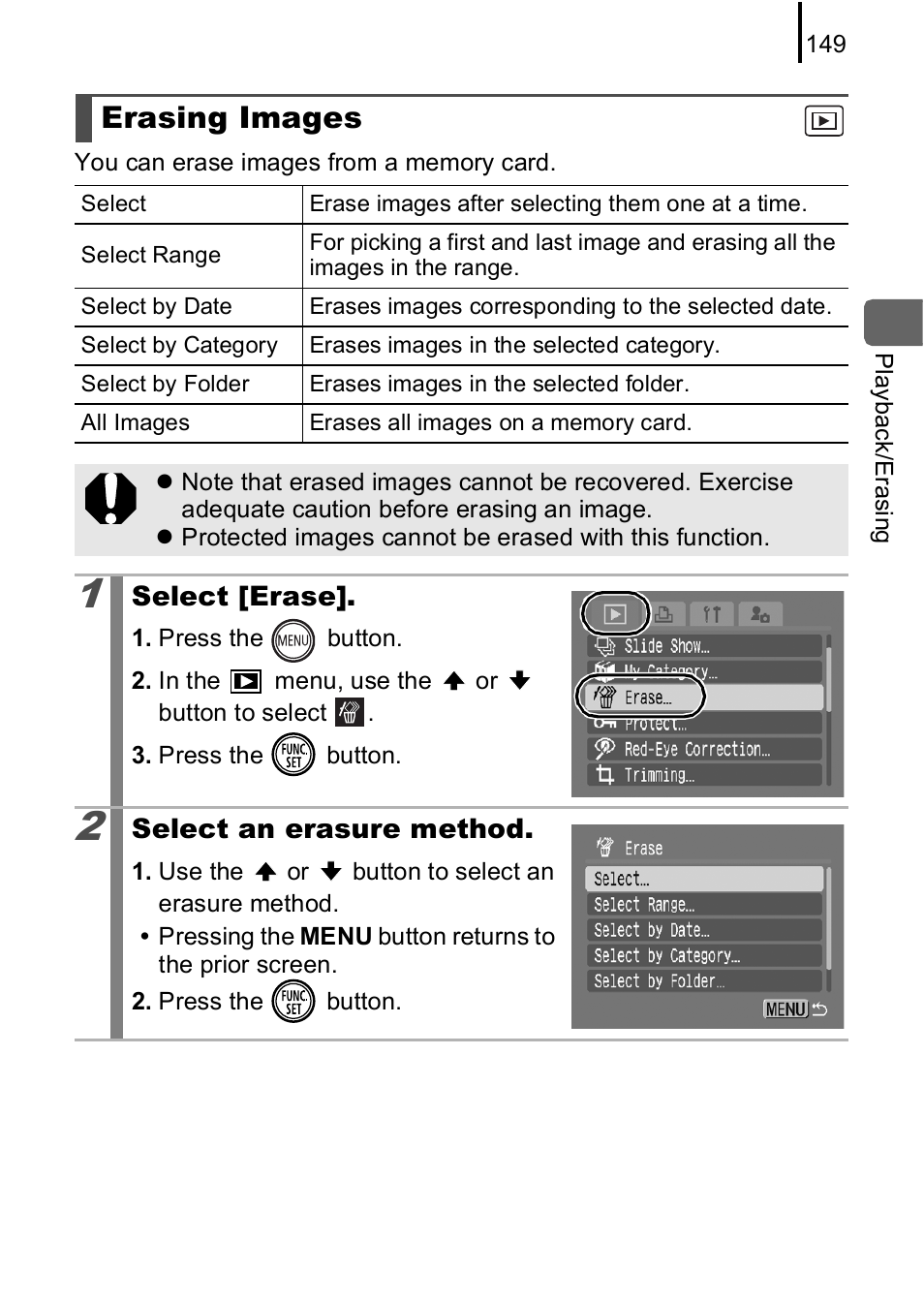 Erasing images, P. 149 | Canon IXUS 85 IS User Manual | Page 151 / 224
