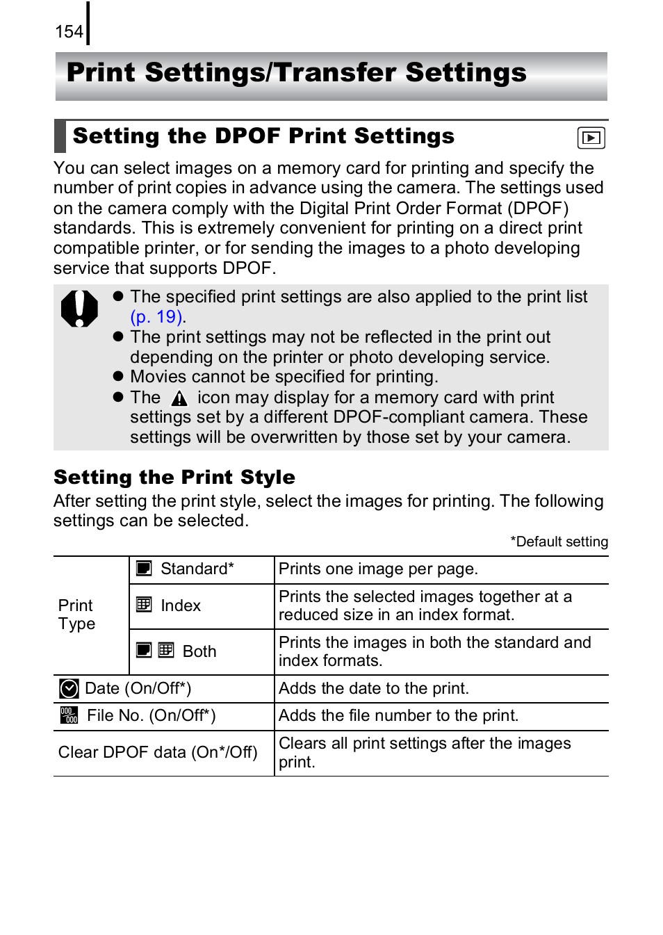 Print settings/transfer settings, Setting the dpof print settings, P. 154 | Canon IXUS 85 IS User Manual | Page 156 / 224