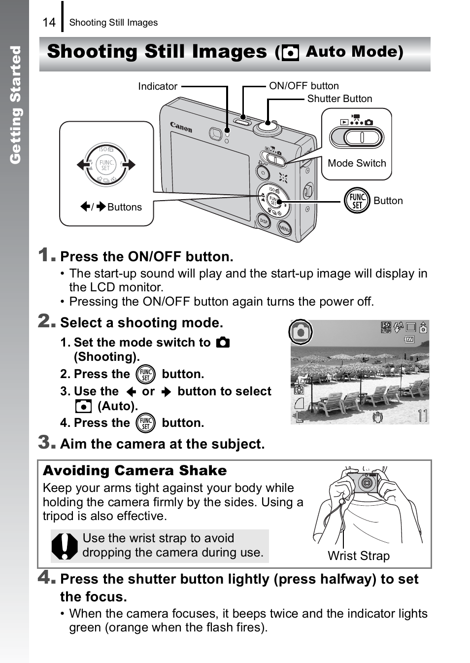 Shooting still images, Auto mode), Shooting still images 1 | Canon IXUS 85 IS User Manual | Page 16 / 224