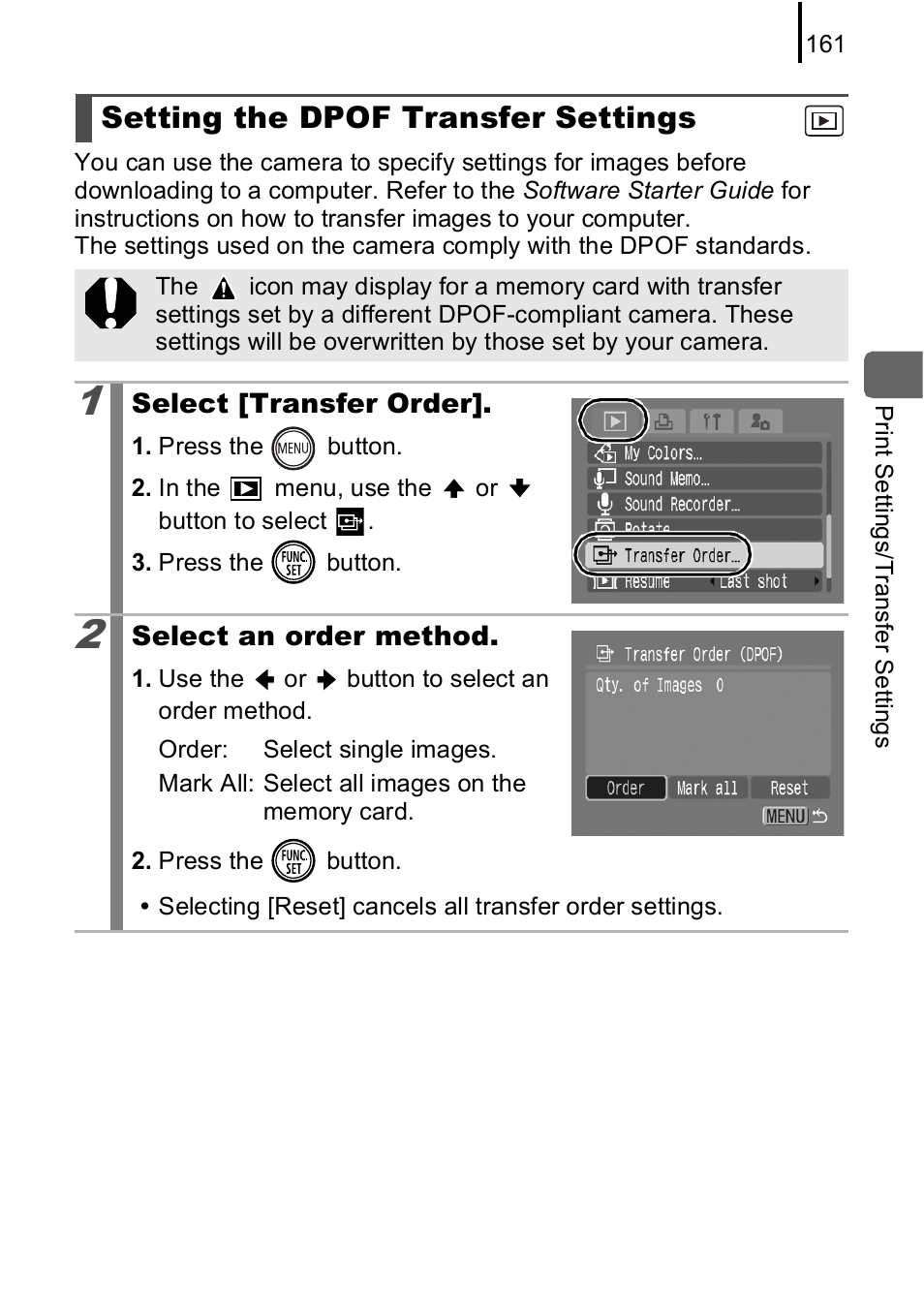 Setting the dpof transfer settings, P. 161 | Canon IXUS 85 IS User Manual | Page 163 / 224