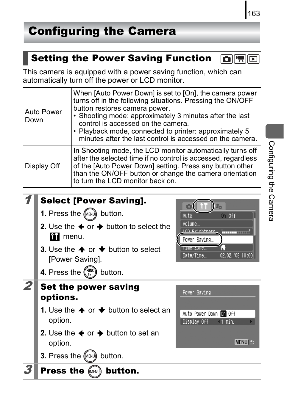 Configuring the camera, Setting the power saving function, P. 163 | Canon IXUS 85 IS User Manual | Page 165 / 224