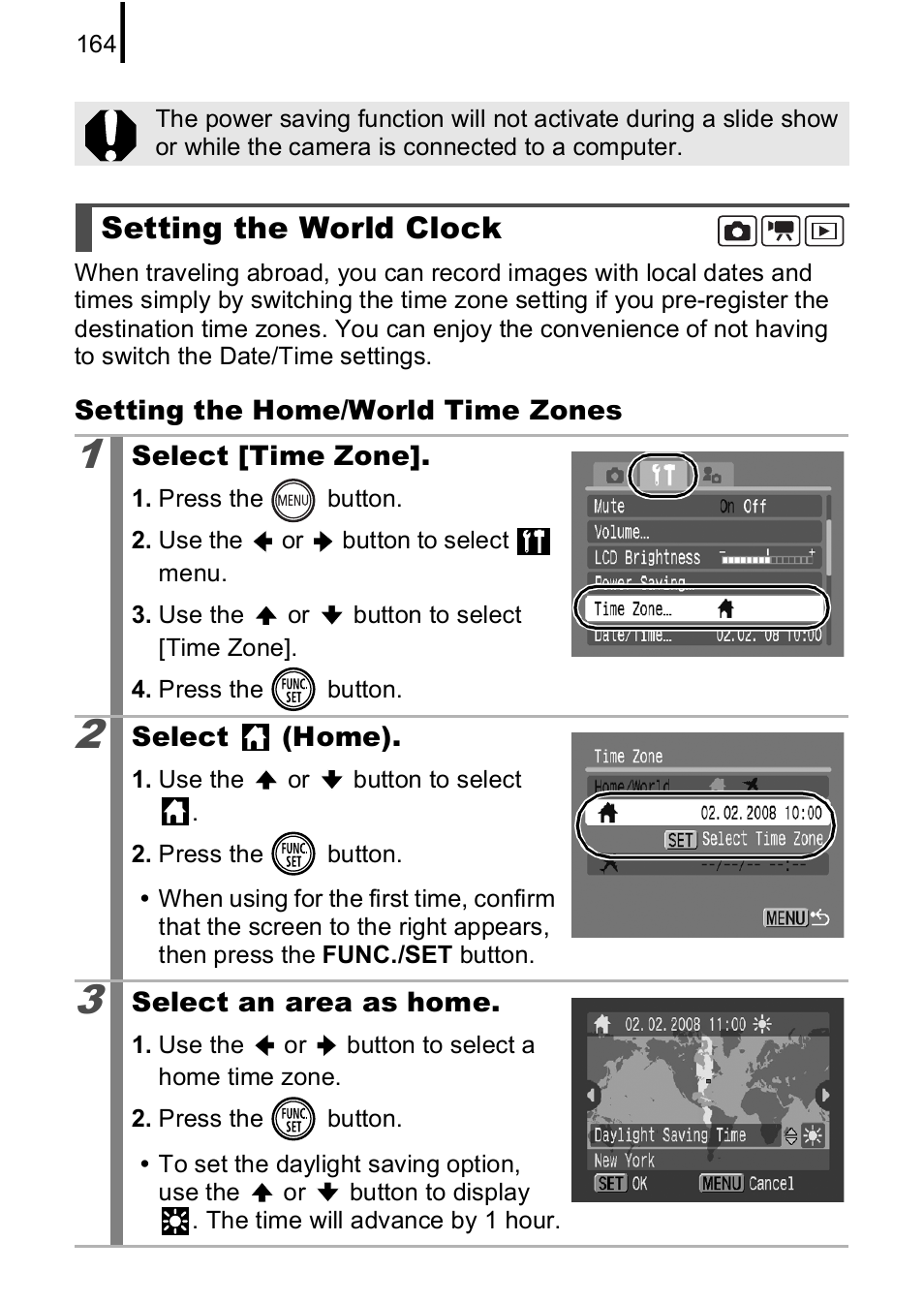 Setting the world clock, P. 164 | Canon IXUS 85 IS User Manual | Page 166 / 224