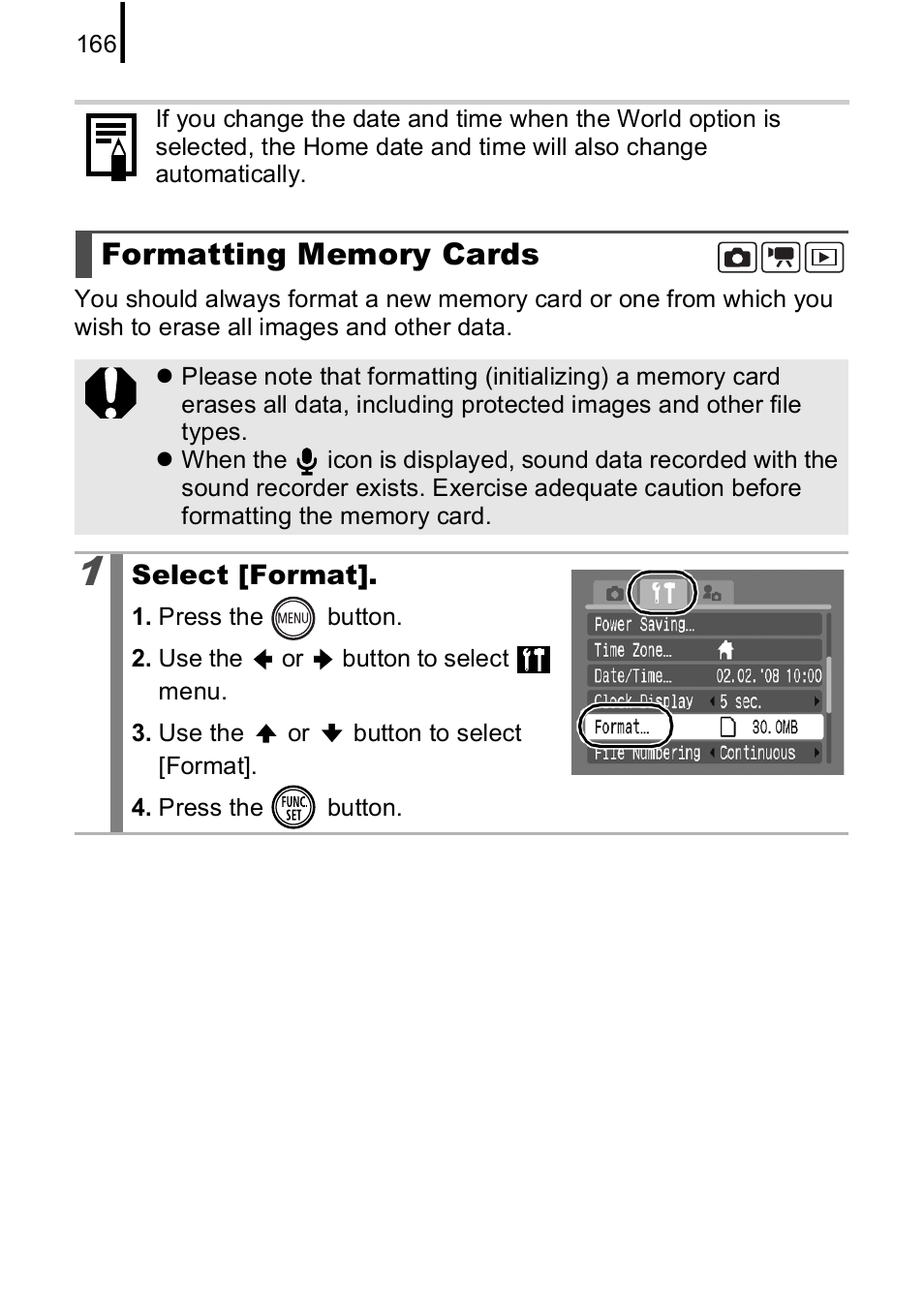 Formatting memory cards, P. 166, P. 166) | Canon IXUS 85 IS User Manual | Page 168 / 224