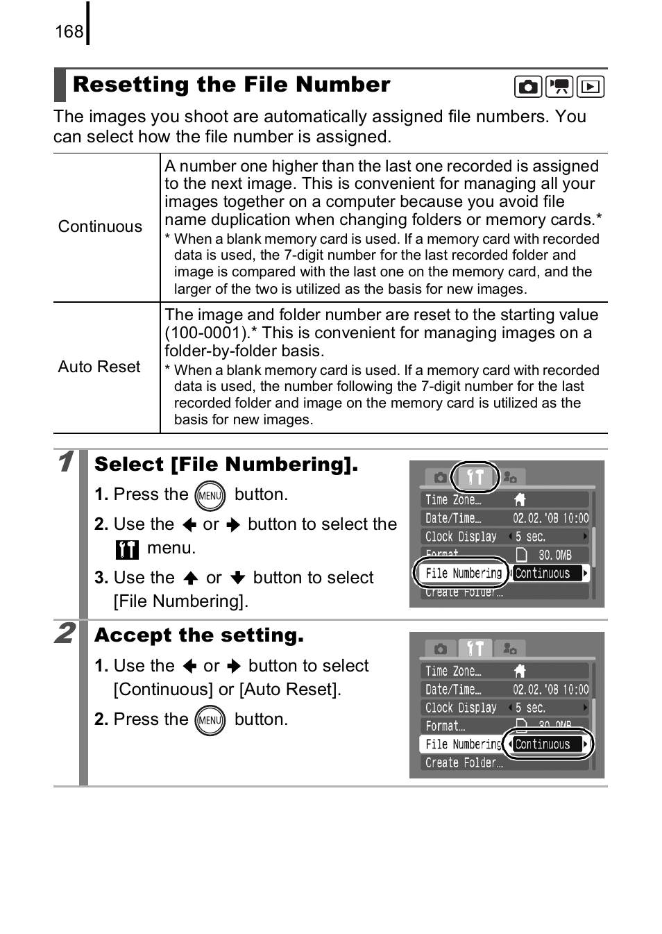 Resetting the file number, P. 168 | Canon IXUS 85 IS User Manual | Page 170 / 224