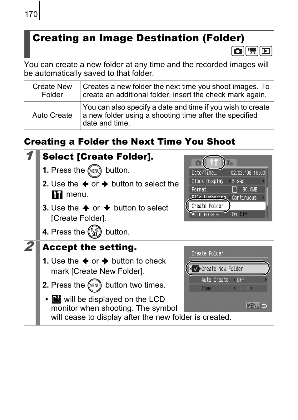 Creating an image destination (folder), P. 170 | Canon IXUS 85 IS User Manual | Page 172 / 224