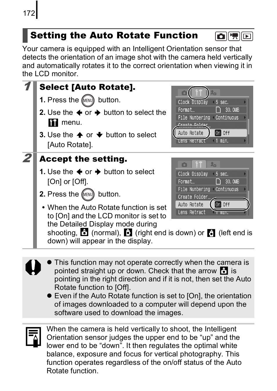 Setting the auto rotate function, P. 172 | Canon IXUS 85 IS User Manual | Page 174 / 224