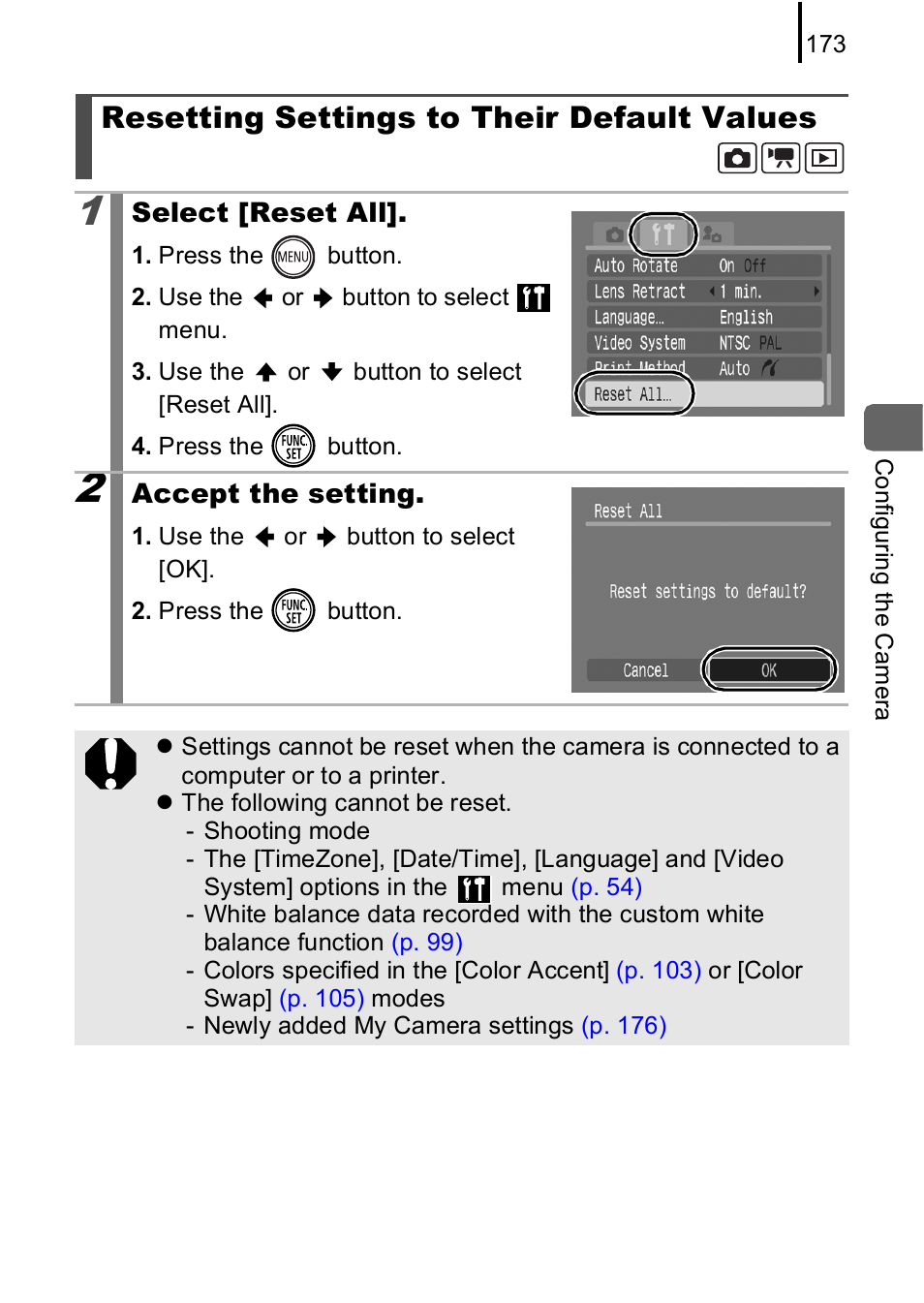 Resetting settings to their default values, P. 173 | Canon IXUS 85 IS User Manual | Page 175 / 224