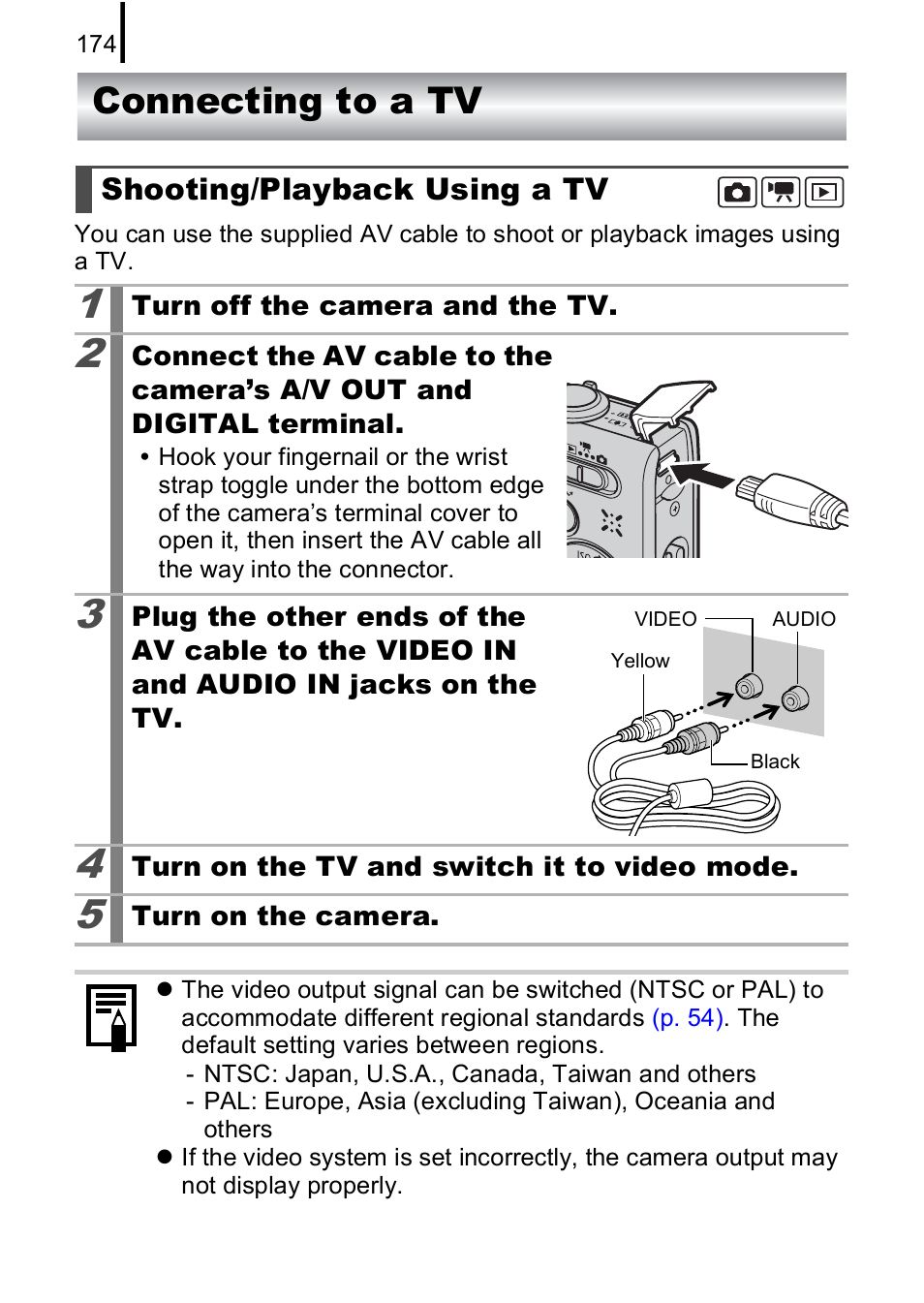 Connecting to a tv, Shooting/playback using a tv, P. 174 | Canon IXUS 85 IS User Manual | Page 176 / 224