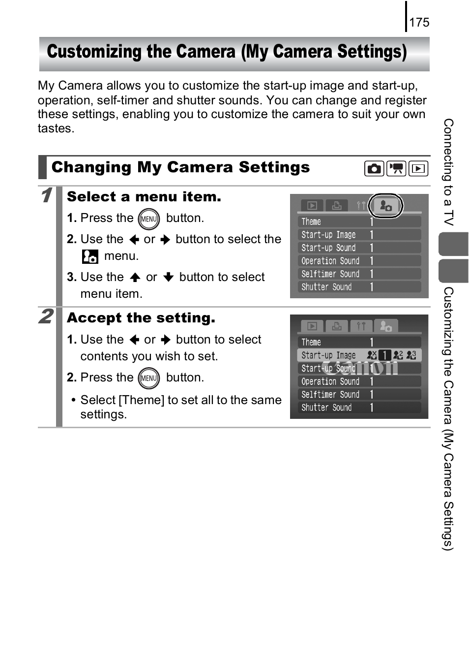 Customizing the camera (my camera settings), Changing my camera settings, P. 175) | Canon IXUS 85 IS User Manual | Page 177 / 224