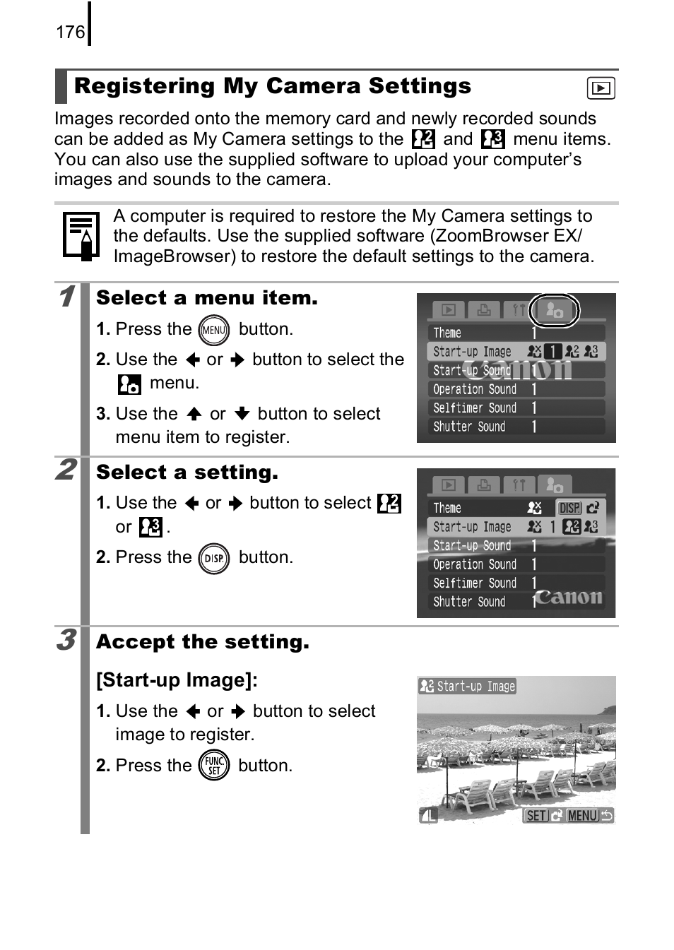 Registering my camera settings, P. 176 | Canon IXUS 85 IS User Manual | Page 178 / 224