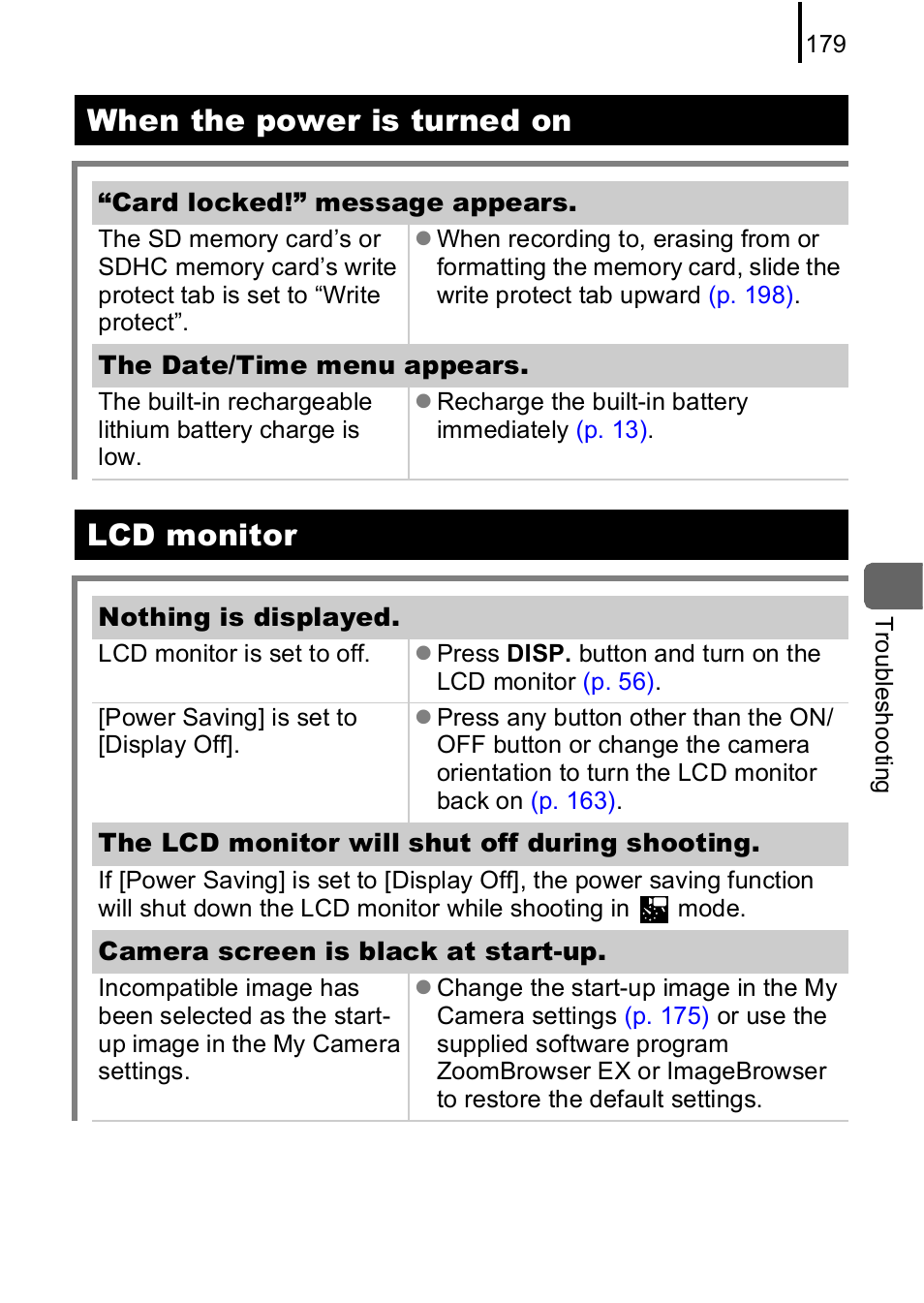 P. 179, P. 179), When the power is turned on | Lcd monitor | Canon IXUS 85 IS User Manual | Page 181 / 224