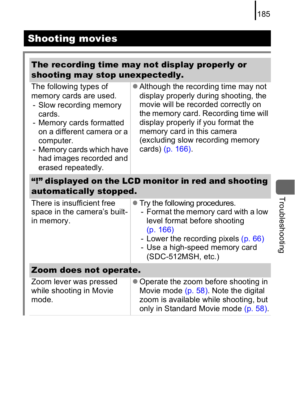 P. 185), Shooting movies | Canon IXUS 85 IS User Manual | Page 187 / 224