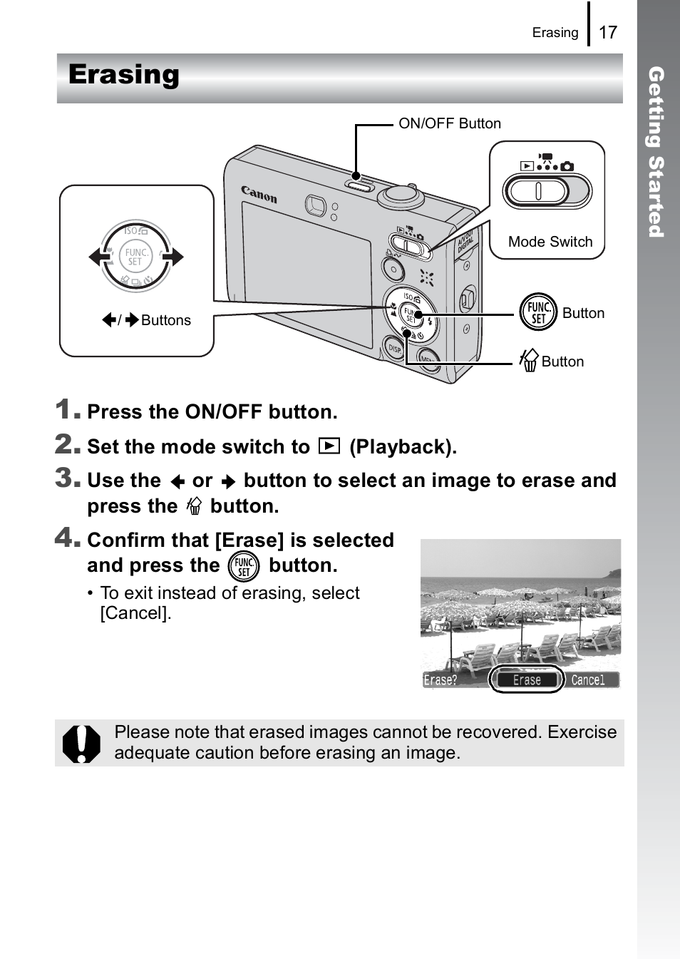 Erasing, Erasing 1 | Canon IXUS 85 IS User Manual | Page 19 / 224