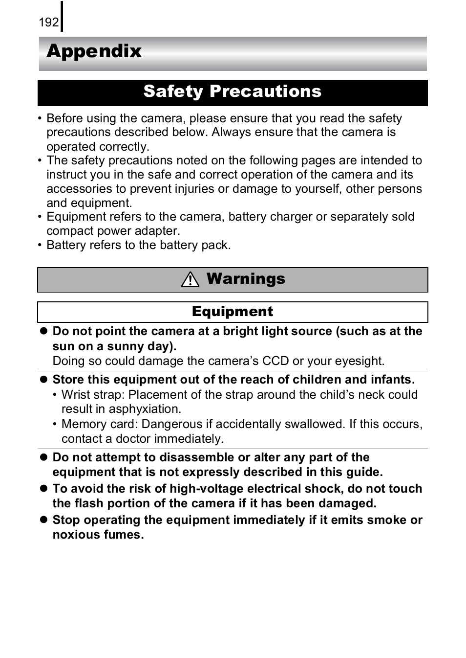 Appendix, Safety precautions, Warnings | Canon IXUS 85 IS User Manual | Page 194 / 224