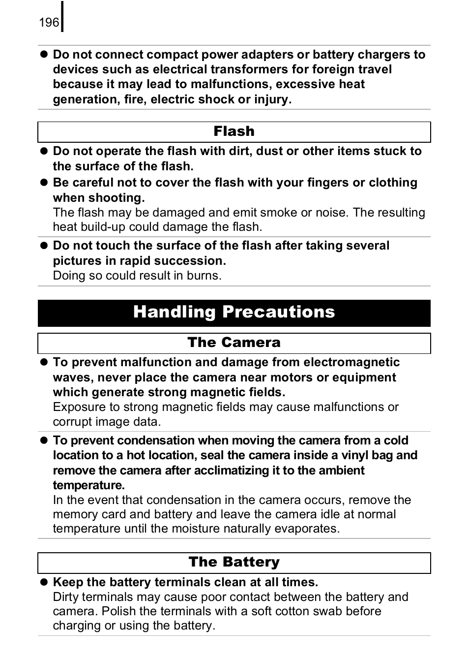 Handling precautions, P. 196, P. 196) | Canon IXUS 85 IS User Manual | Page 198 / 224