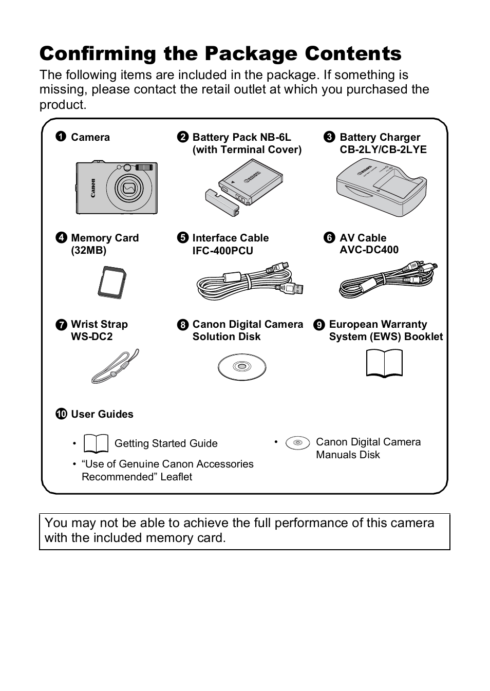 Confirming the package contents | Canon IXUS 85 IS User Manual | Page 2 / 224