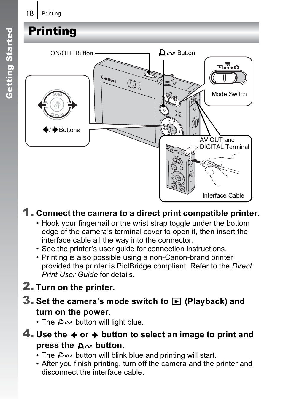 Printing, Printing 1 | Canon IXUS 85 IS User Manual | Page 20 / 224