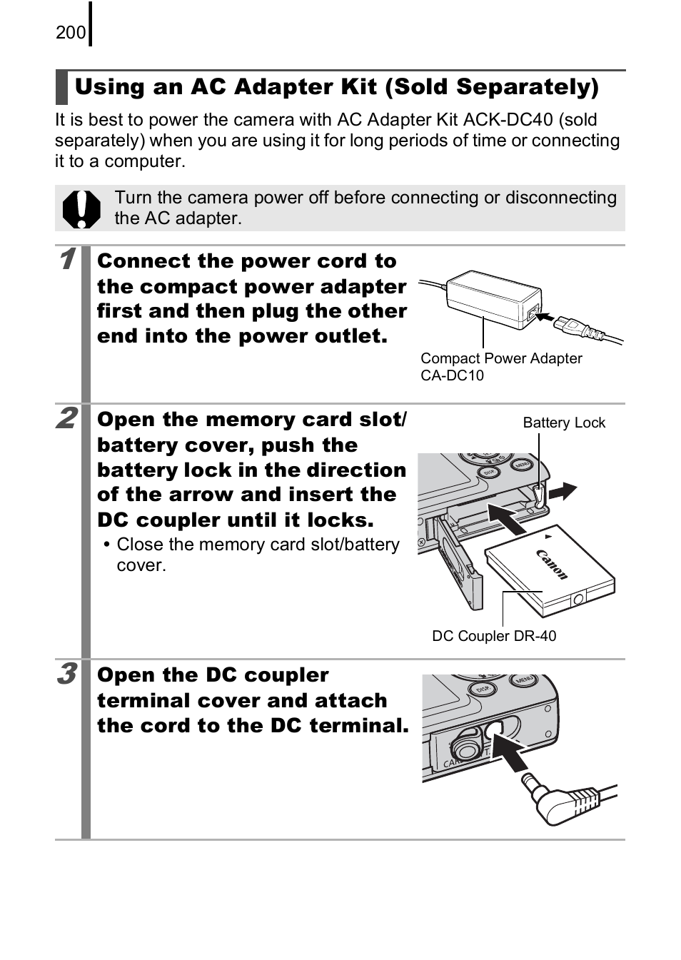 Using an ac adapter kit (sold separately), P. 200 | Canon IXUS 85 IS User Manual | Page 202 / 224