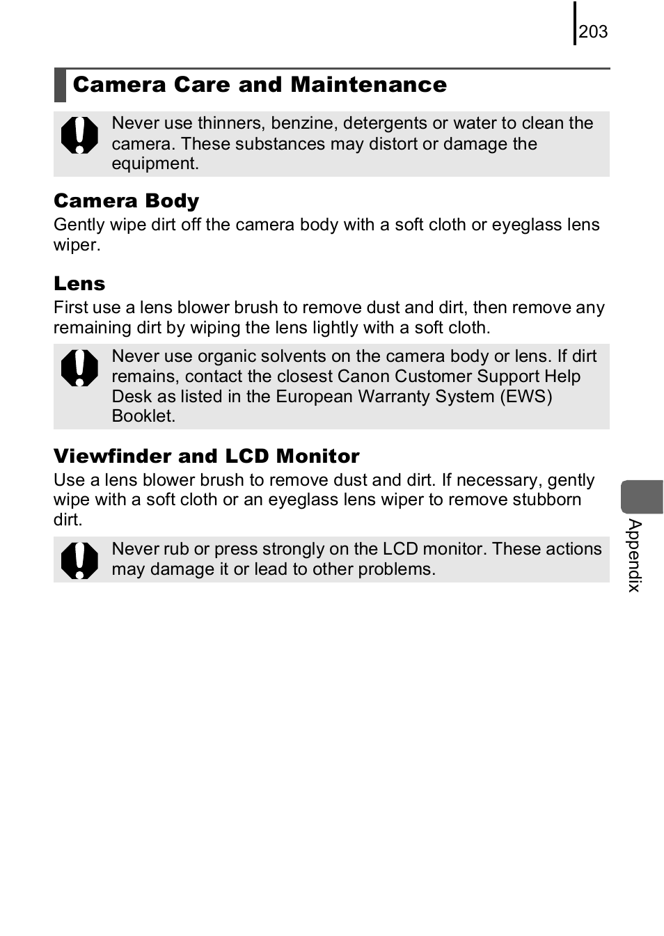 Camera care and maintenance | Canon IXUS 85 IS User Manual | Page 205 / 224