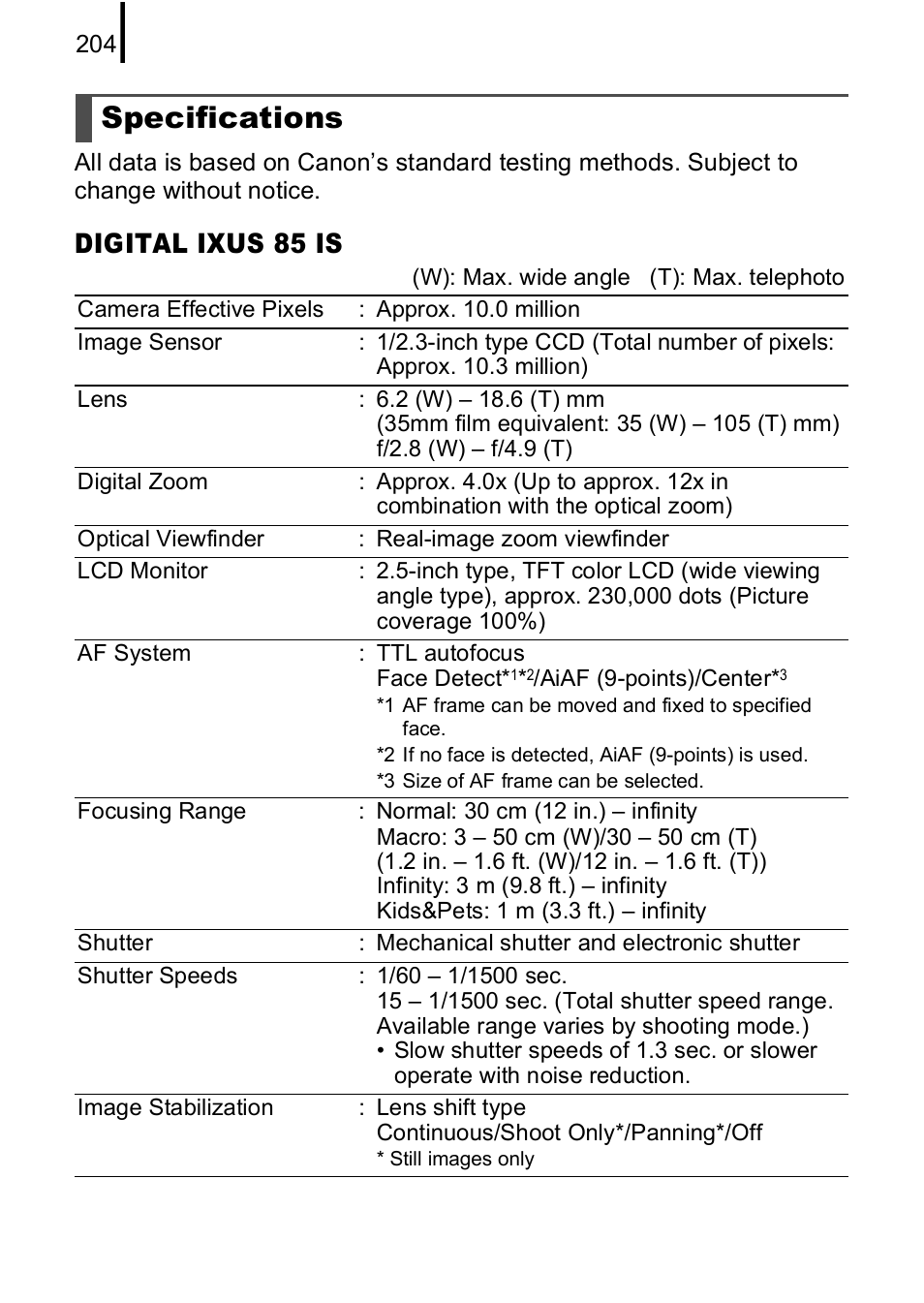 Specifications, P. 204, Digital ixus 85 is | Canon IXUS 85 IS User Manual | Page 206 / 224