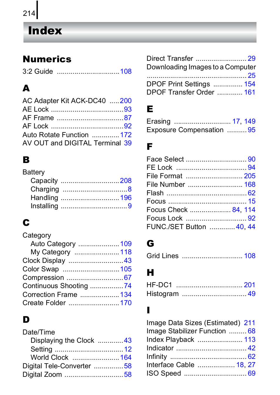 Index, Numerics | Canon IXUS 85 IS User Manual | Page 216 / 224