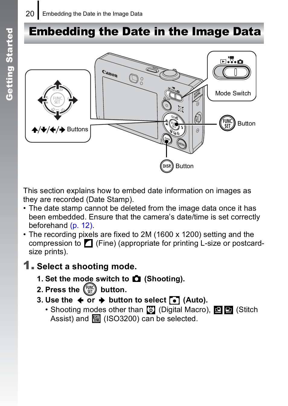 Embedding the date in the image data | Canon IXUS 85 IS User Manual | Page 22 / 224