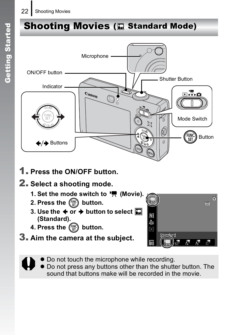 Shooting movies, Standard mode), Shooting movies 1 | Canon IXUS 85 IS User Manual | Page 24 / 224