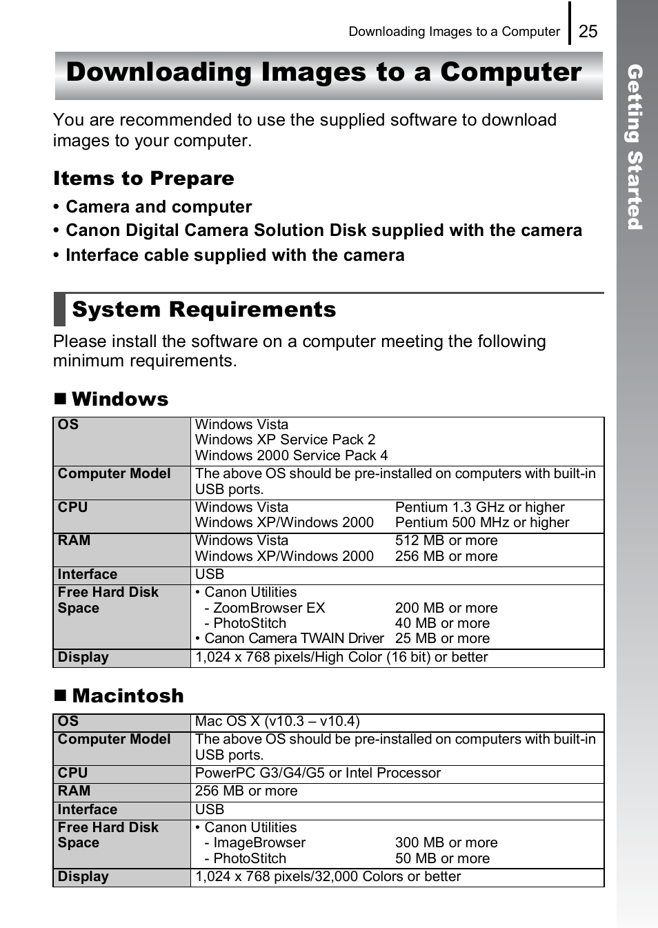 Downloading images to a computer, System requirements, Get ting st ar te d | Items to prepare, Windows  macintosh | Canon IXUS 85 IS User Manual | Page 27 / 224