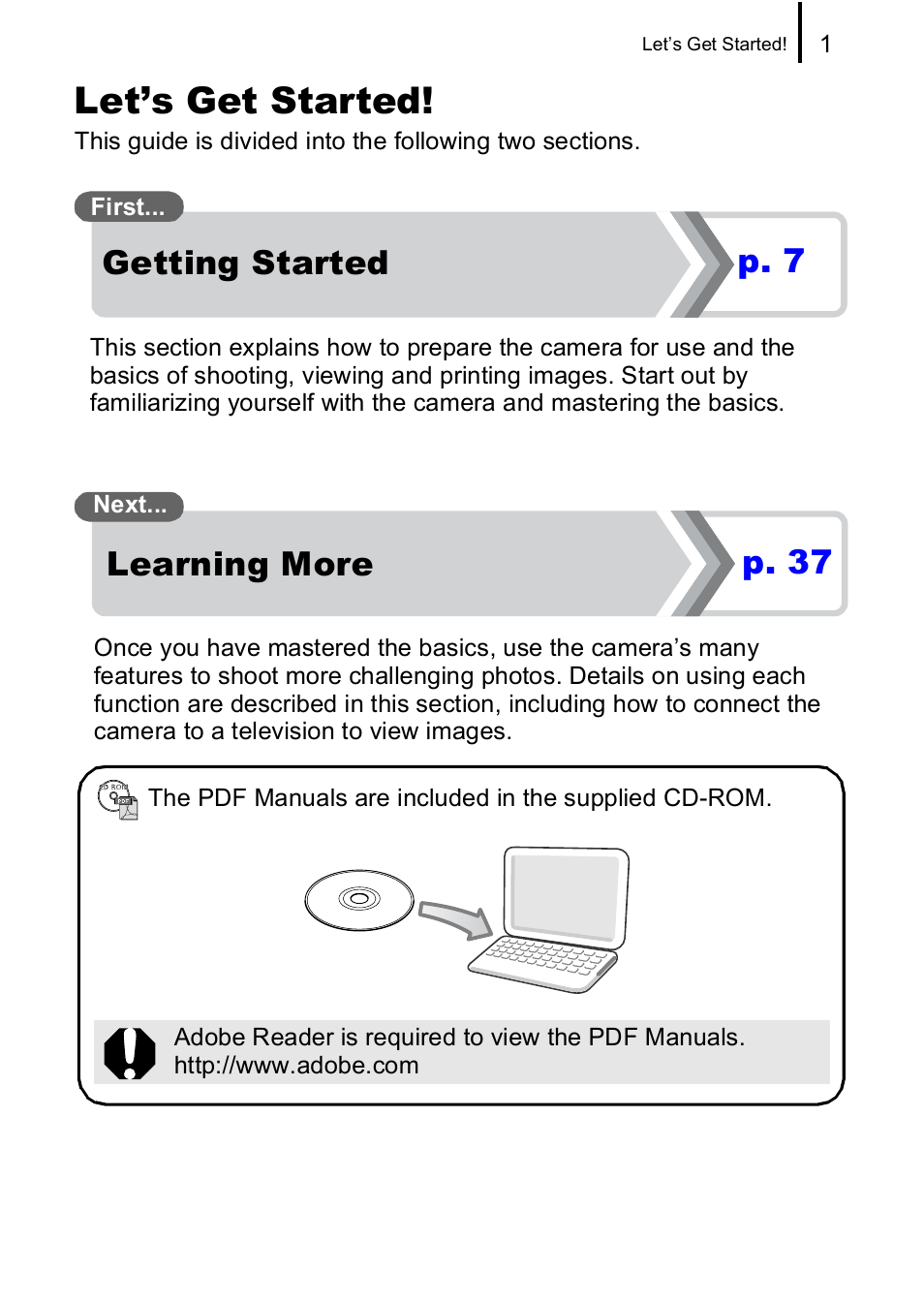 Let’s get started, Getting started p. 7 learning more p. 37 | Canon IXUS 85 IS User Manual | Page 3 / 224