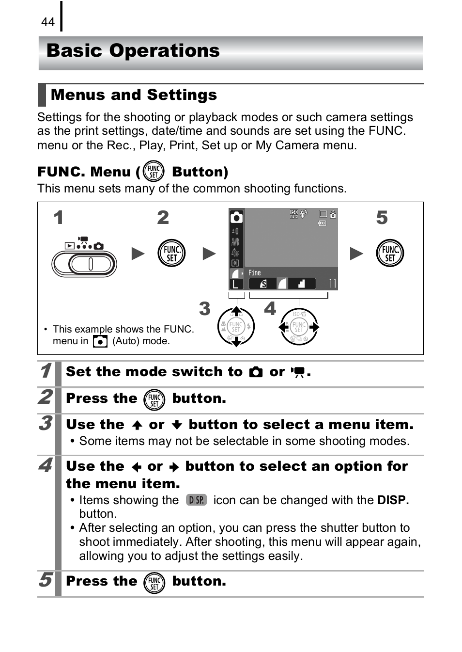 Basic operations, Menus and settings, P. 44) | Canon IXUS 85 IS User Manual | Page 46 / 224