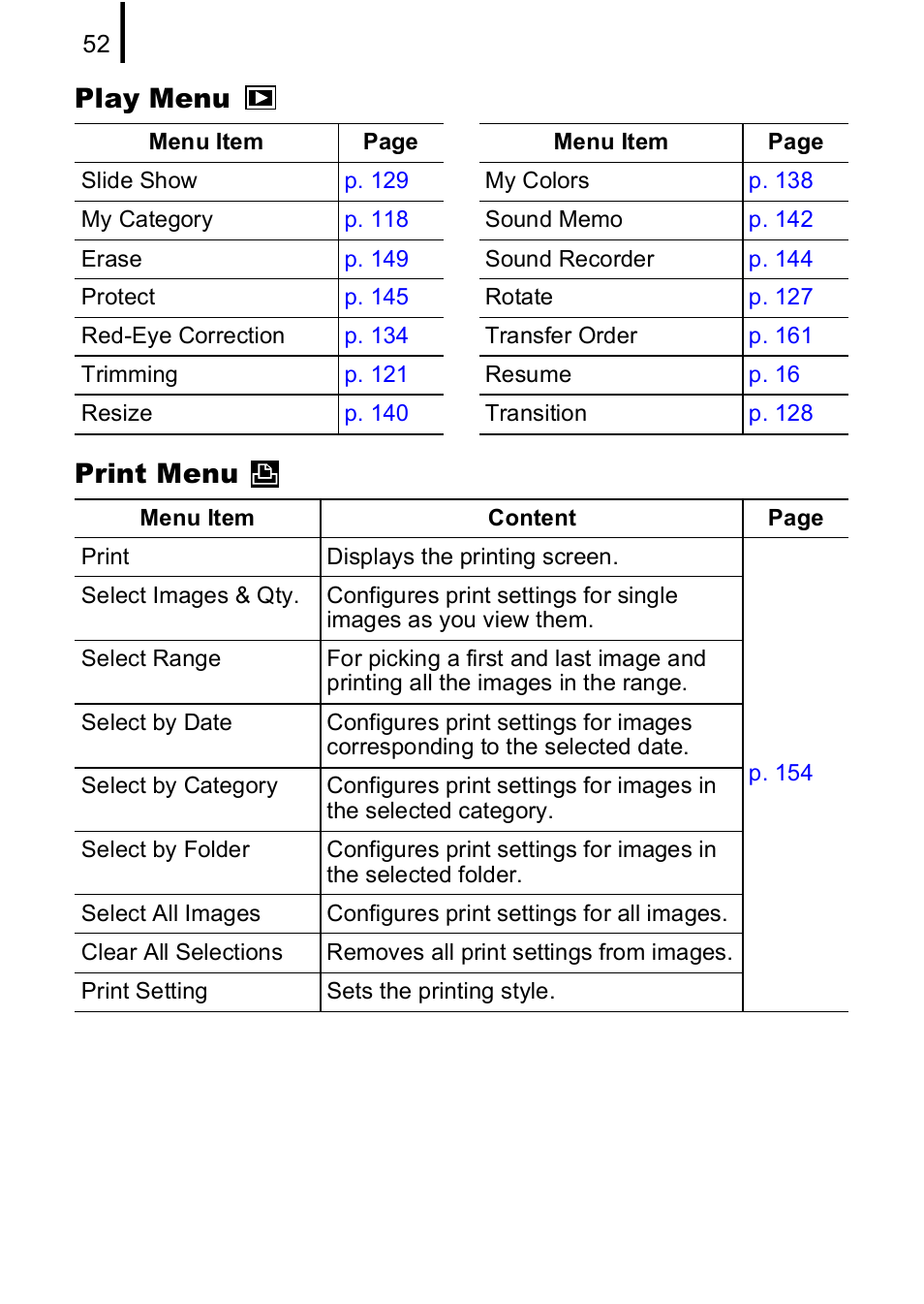 Play menu print menu | Canon IXUS 85 IS User Manual | Page 54 / 224