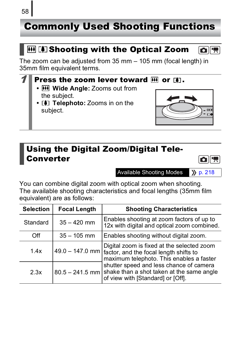 Commonly used shooting functions, Shooting with the optical zoom, Using the digital zoom/digital tele- converter | Using the digital zoom/digital tele-converter, Pp. 58, P. 58 | Canon IXUS 85 IS User Manual | Page 60 / 224