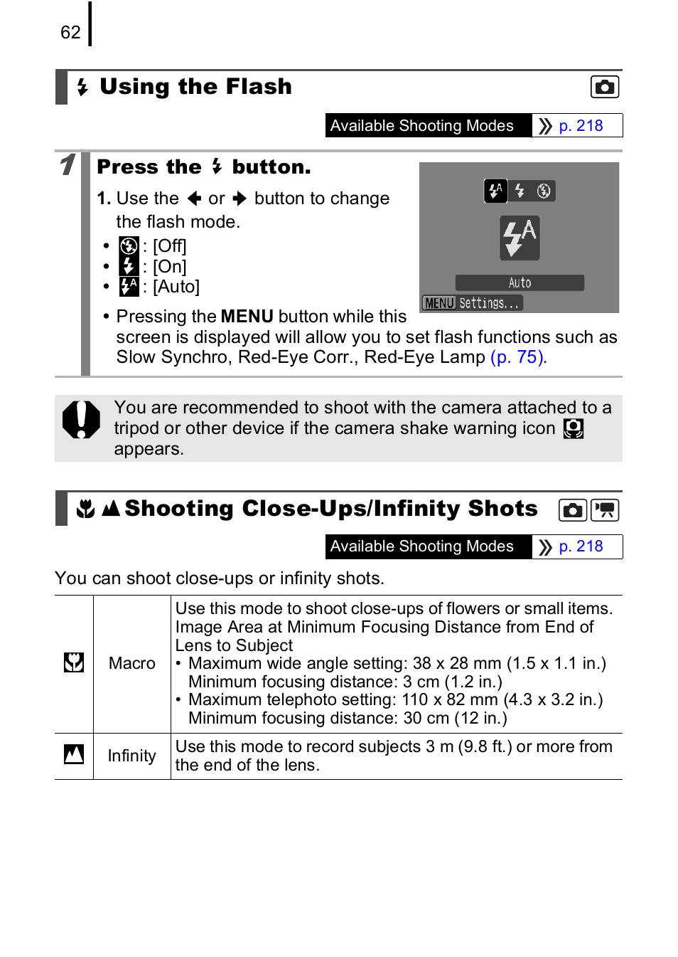 Using the flash, Shooting close-ups/infinity shots, P. 62) | Canon IXUS 85 IS User Manual | Page 64 / 224