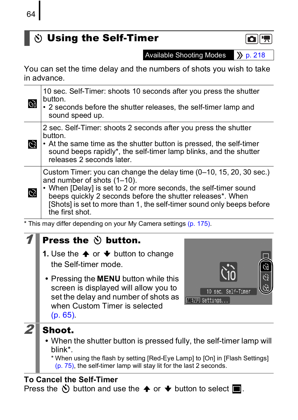 Using the self-timer, P. 64 | Canon IXUS 85 IS User Manual | Page 66 / 224