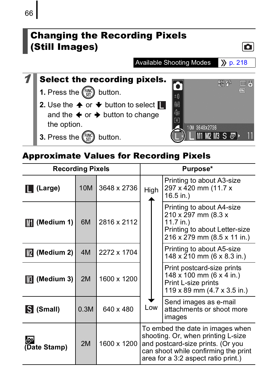 Changing the recording pixels (still images), P. 66 | Canon IXUS 85 IS User Manual | Page 68 / 224