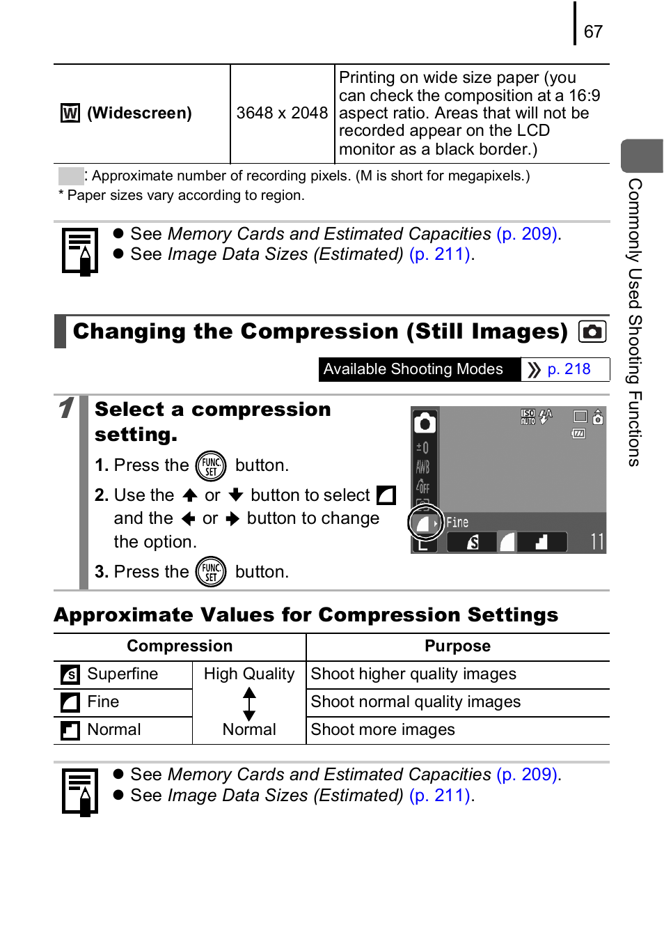 Changing the compression (still images), P. 67 | Canon IXUS 85 IS User Manual | Page 69 / 224