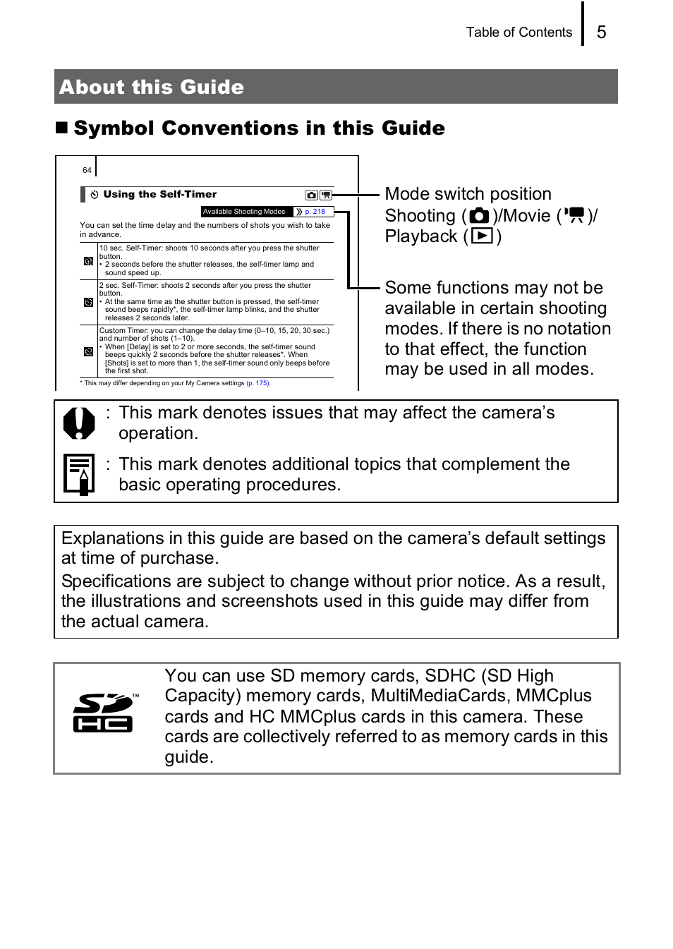 Symbol conventions in this guide about this guide | Canon IXUS 85 IS User Manual | Page 7 / 224
